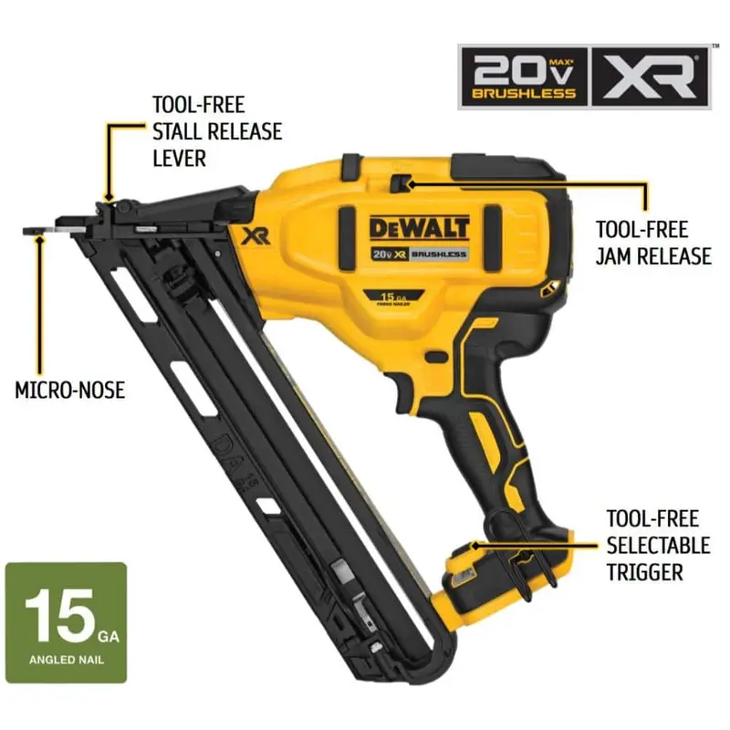Gwoździarka akumulatorowa DEWALT 20 V MAX XR z akumulatorem litowo-jonowym, 15 Gauge, gwoździarka kątowa (tylko narzędzie) DCN650B