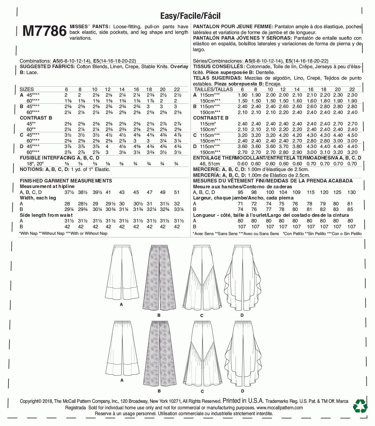 McCall's Pattern M7786 Misses' Pants