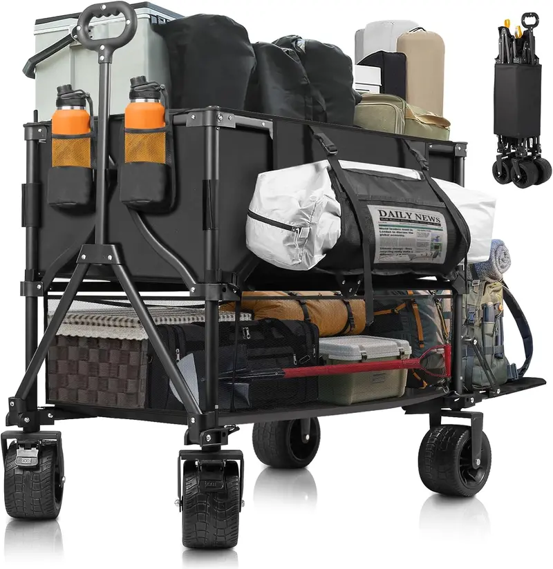 Solidny, dwupoziomowy wózek transportowy – ładowność 272 kg, pojemność 400 litrów, składany wózek transportowy, odpowiedni do jazdy po każdym terenie.