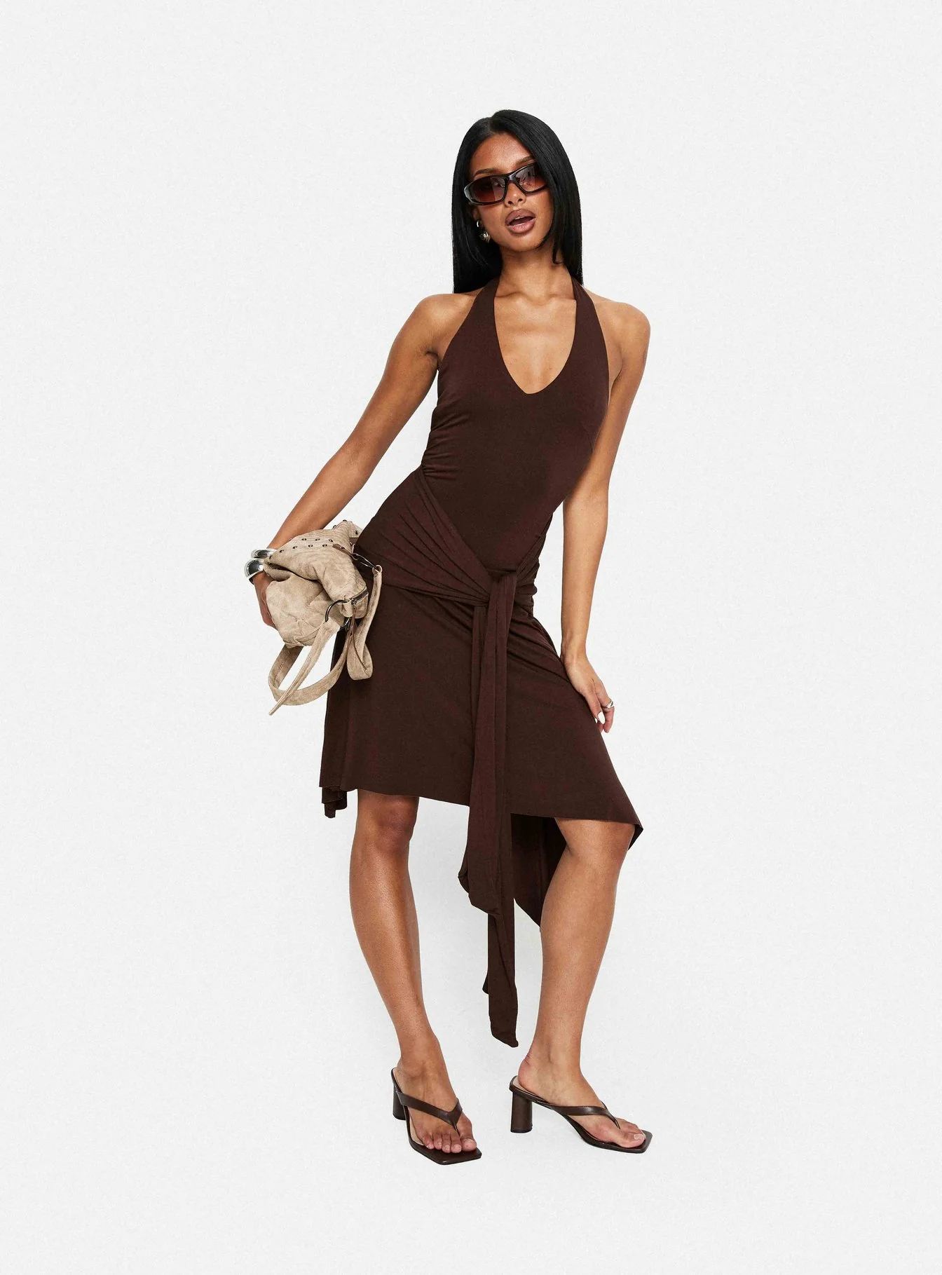 Moonlit Honey Asymmetrical Halter Jersey Midi Dress Chocolate