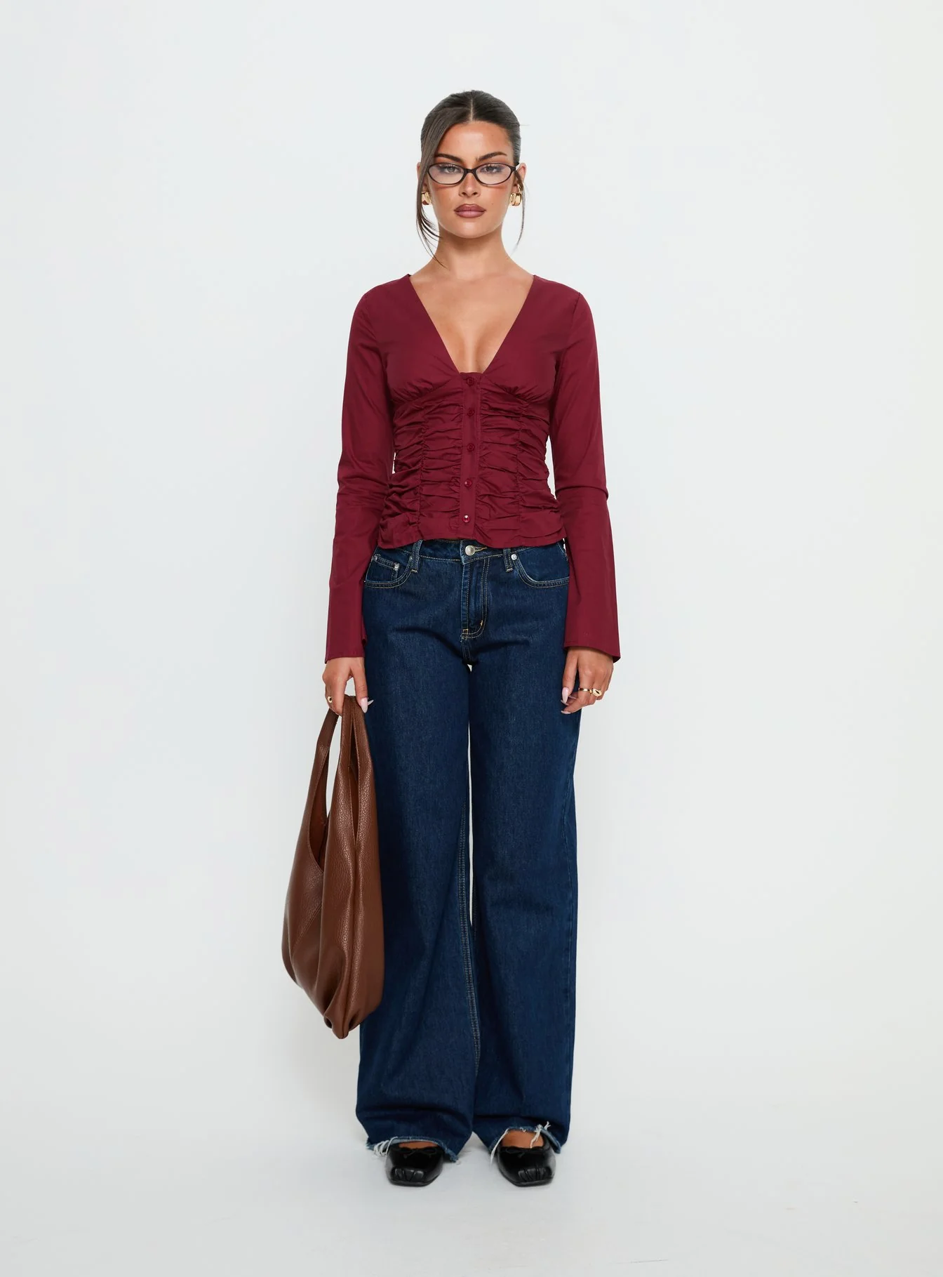 Zanetta Ruched Long Sleeve Top Burgundy