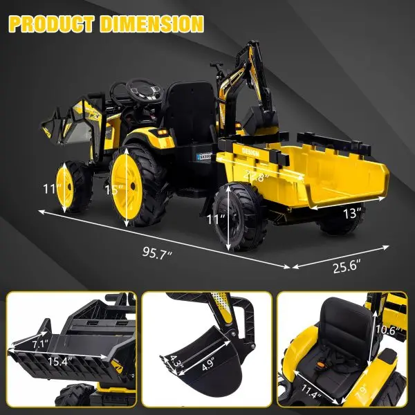 Ciągnik pedałowy 3 w 1 24 V – tryby koparki i spychacza, zdalne sterowanie, oświetlenie LED, USB/Bluetooth (żółty)