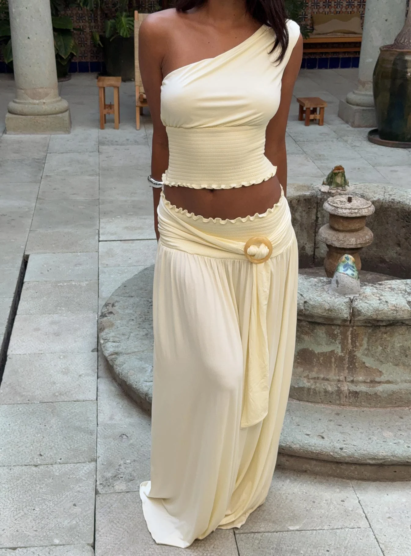 Full Orbit Shirred Maxi Skirt Cream