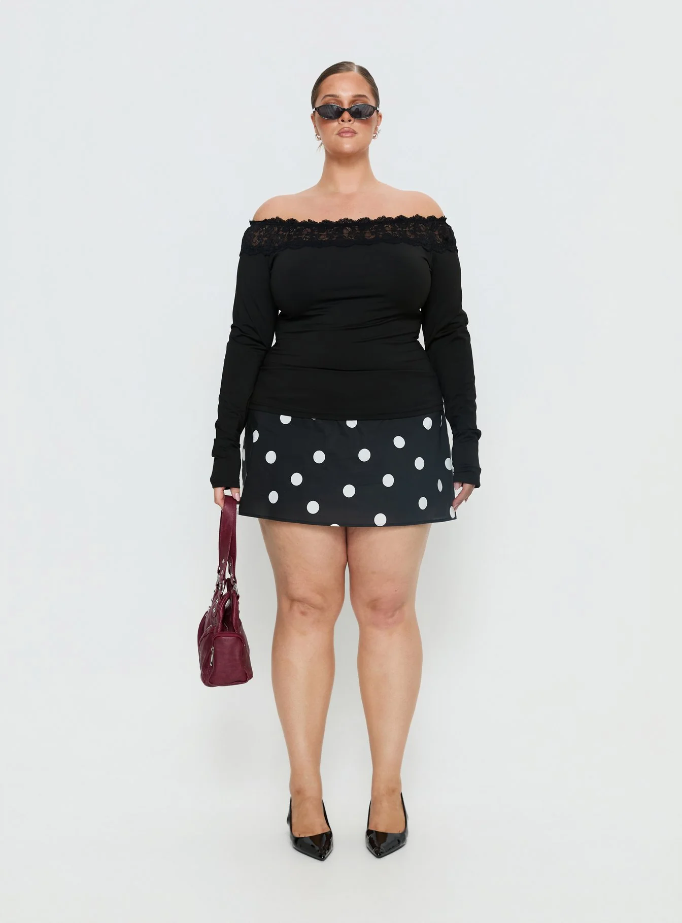 Breiann Lace Off Shoulder Long Sleeve Top Black Curve