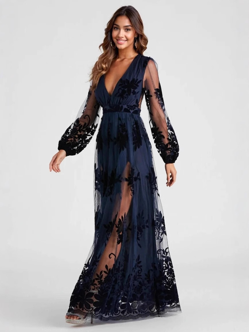 Evelyn Formal Plunge A-Line Dress - Blue