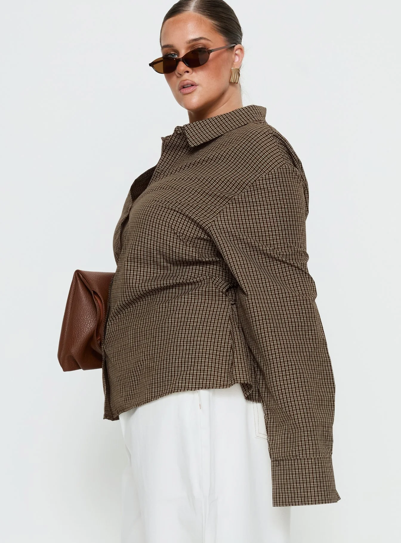 Xinia Tie Waist Long Sleeve Shirt Brown Check Curve