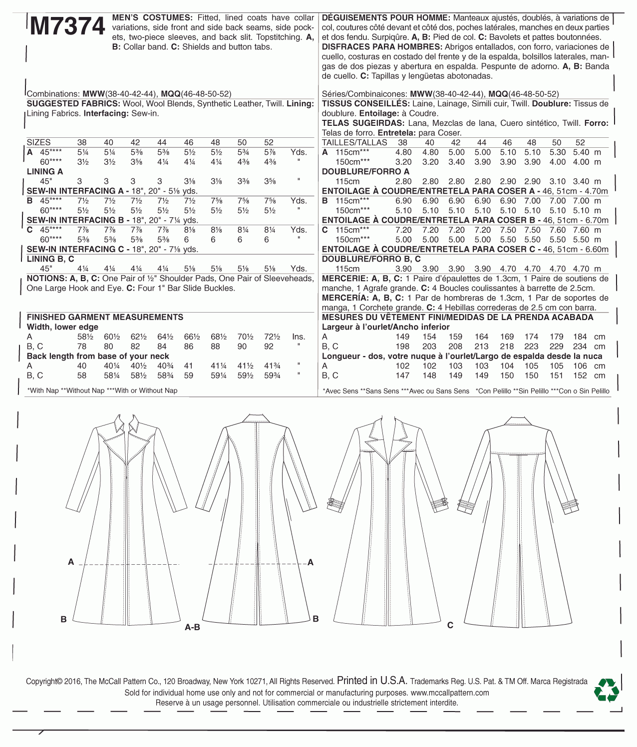 McCall's Pattern M7374 Collared and Seamed Coats