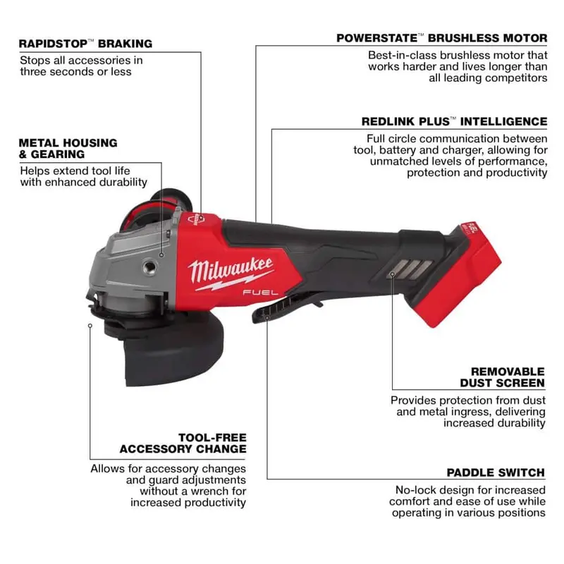 Szlifierka kątowa bezszczotkowa Milwaukee M18 FUEL 18 V litowo-jonowa, 4-1/2 cala/5 cali z włącznikiem łopatkowym (tylko narzędzie) 2880-20