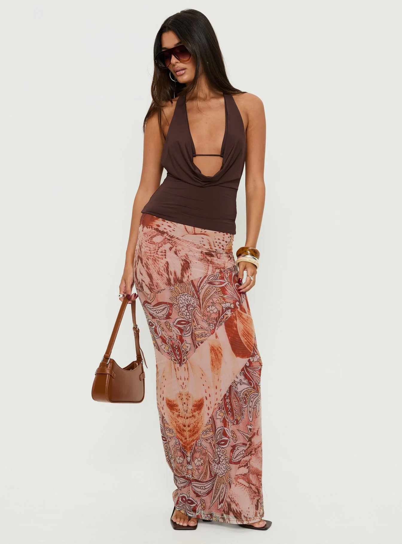 Xylia Plunge Neck Tie Back Top Chocolate