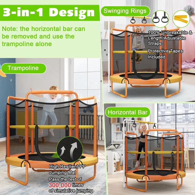 60-calowa trampolina dla dzieci ze wbudowaną siatką zabezpieczającą i wzmocnioną ramą.