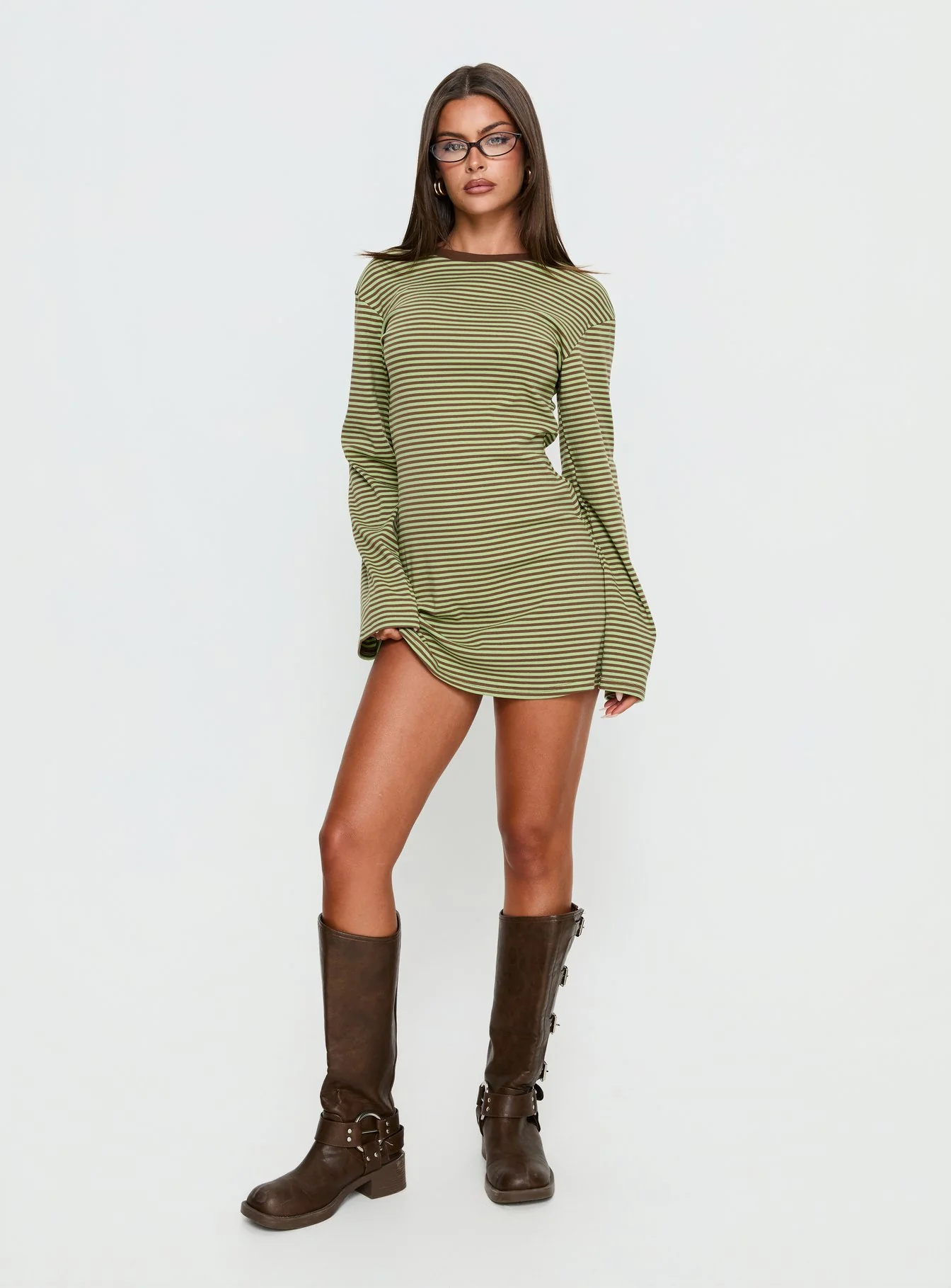 Lulolah Long Sleeve Mini Dress Green / Chocolate Stripe
