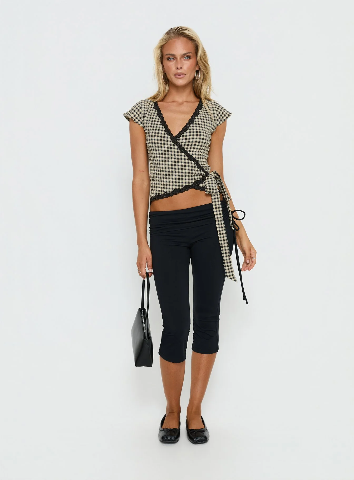 Meltwater Lace Trim Wrap Detail Top Black Check