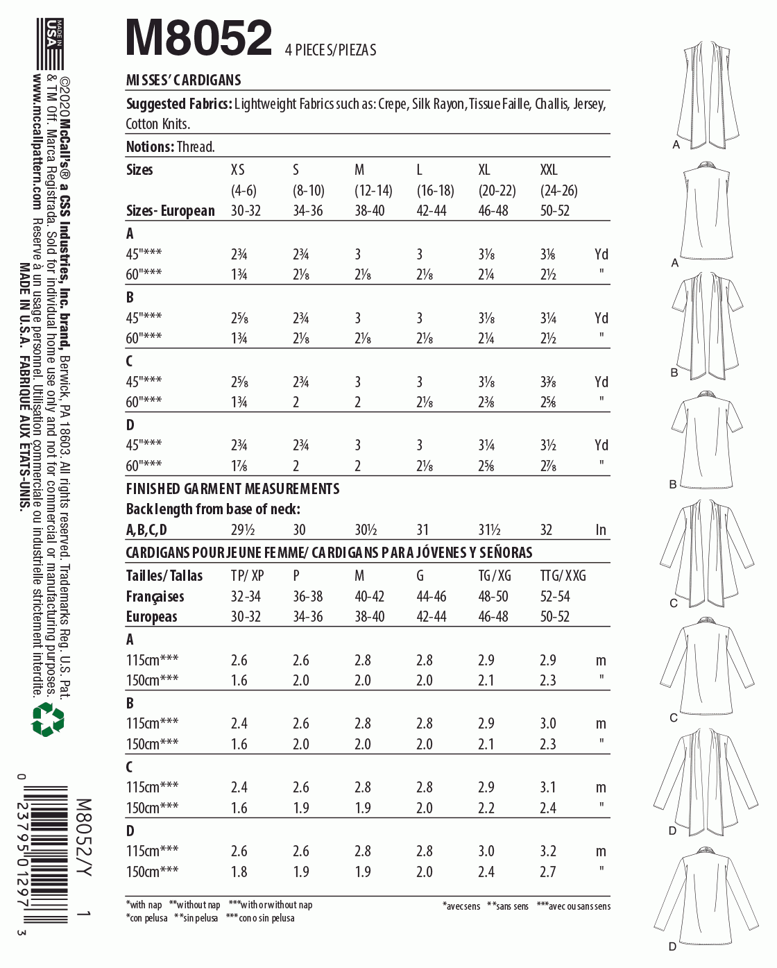 McCall's Pattern M8052 Misses' Shawl Collar Cardigans