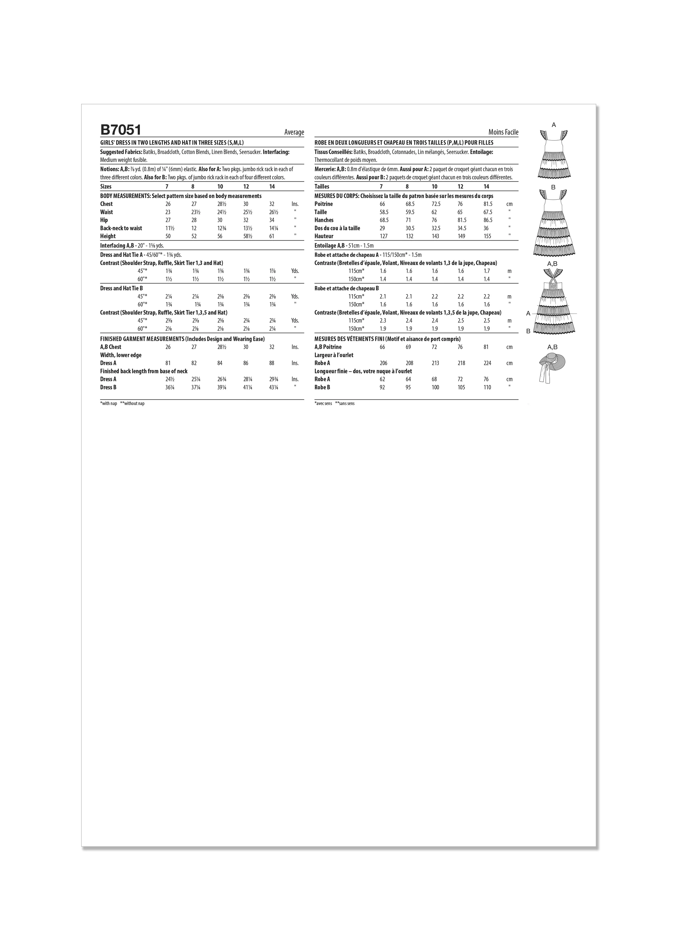 Butterick Pattern B7051 Girls' Dress in Two Lengths and Hat in Three Sizes