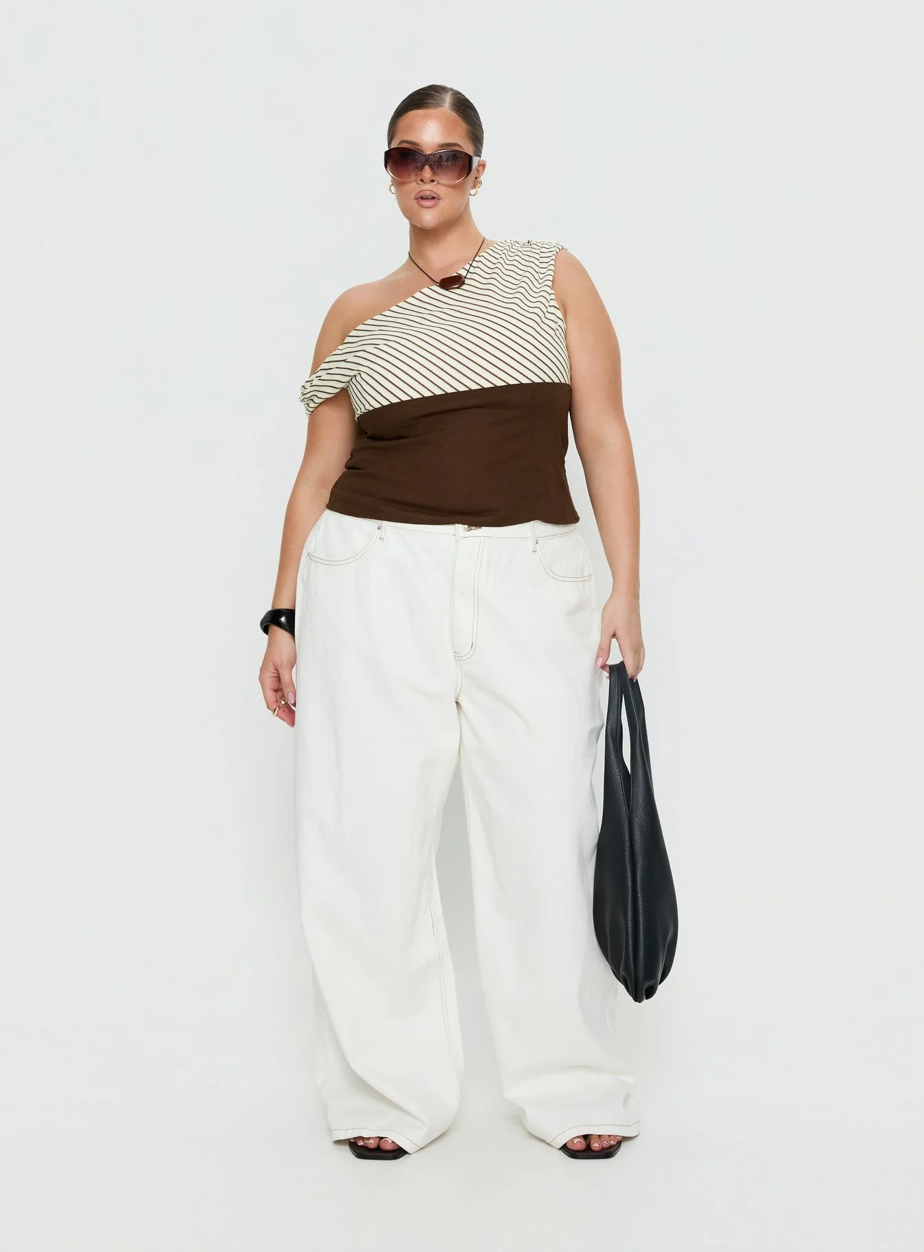 Past Life One Shoulder Top Brown / Stripe Curve