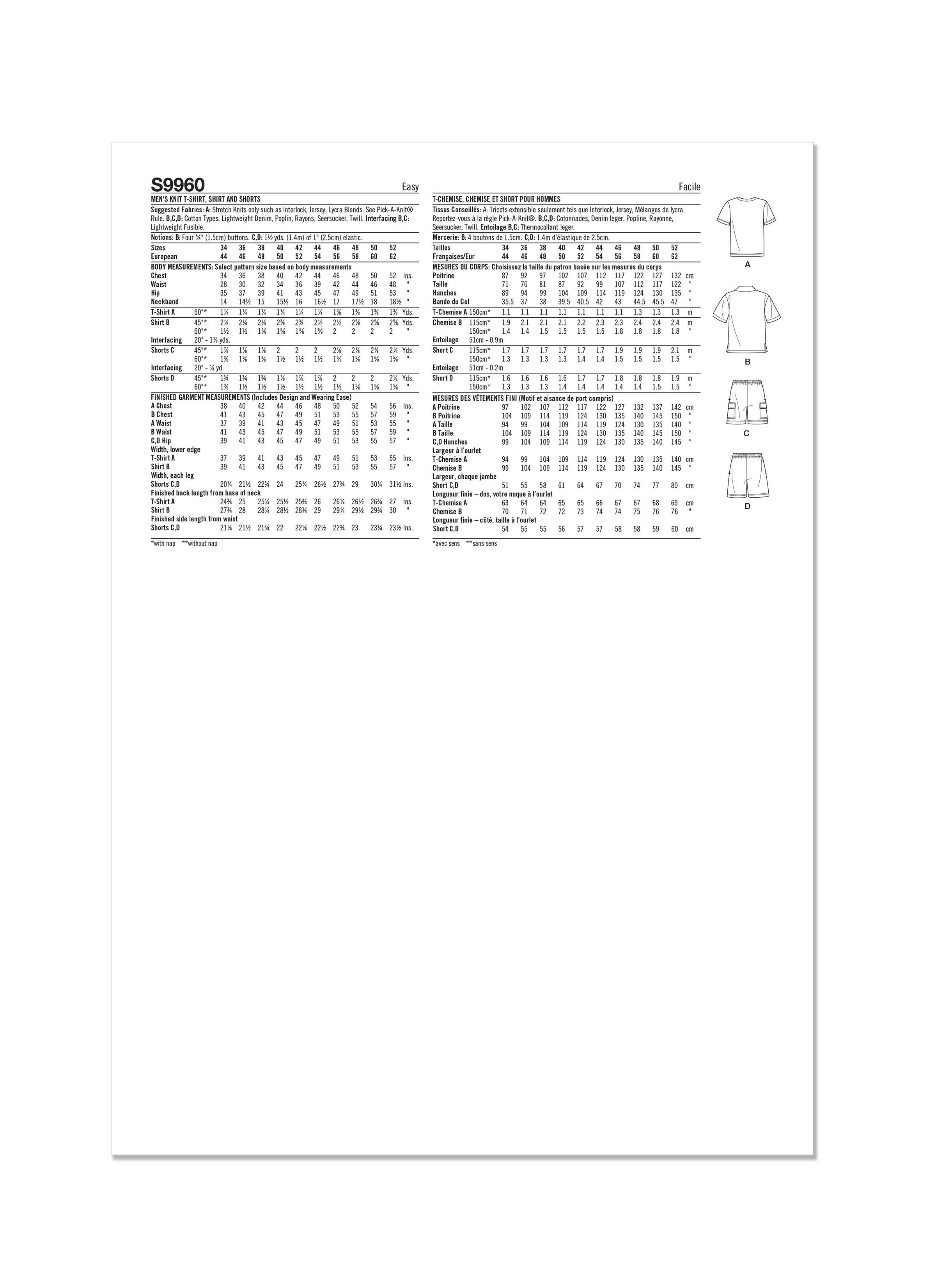 Simplicity Pattern 9960 Men's Knit T-Shirt, Shirt and Shorts