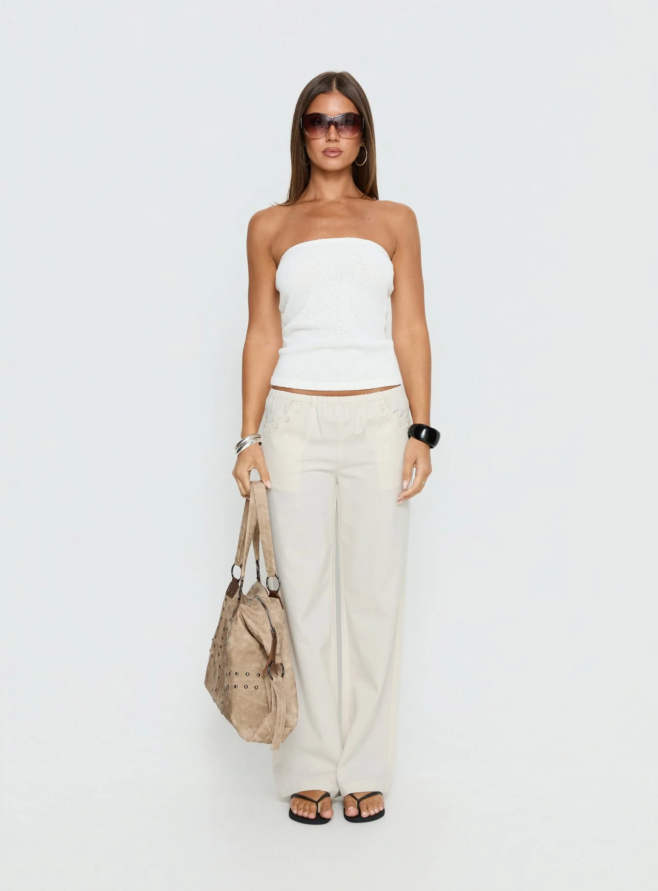Around The Clock Button Detail Mid Rise Wide Leg Pants Cream
