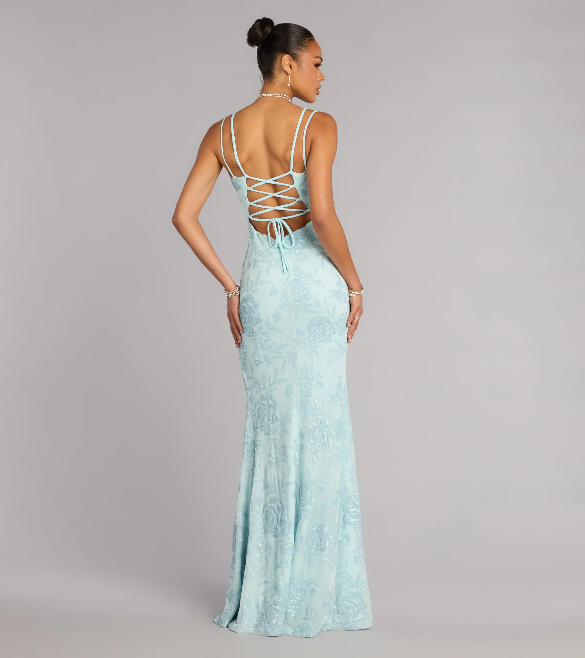 Carla Sequin Lace-Up Formal Dress