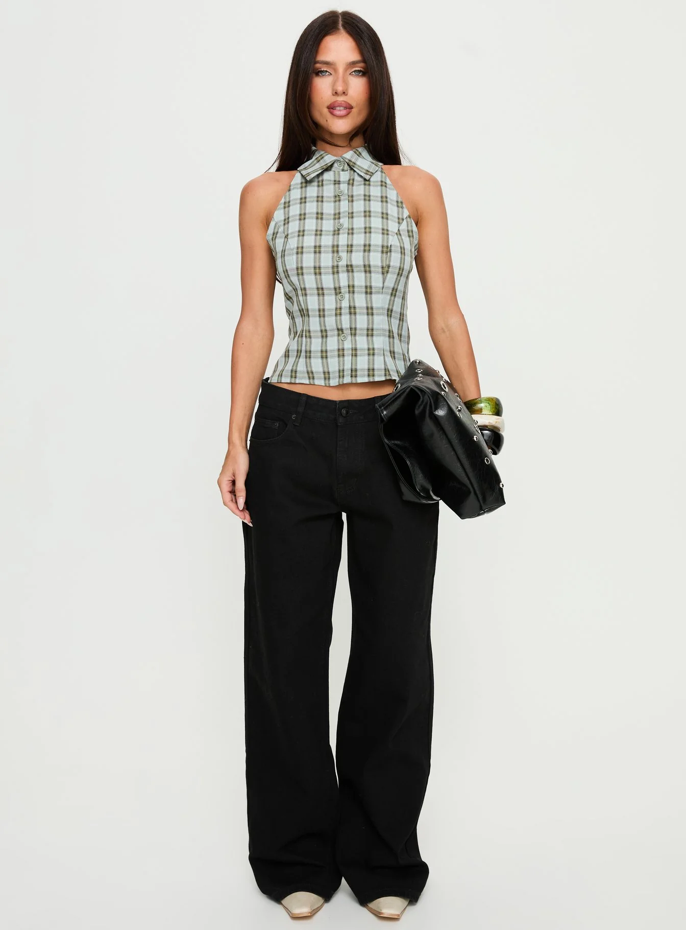 Daleia Sleeveless Collared Top Blue Check