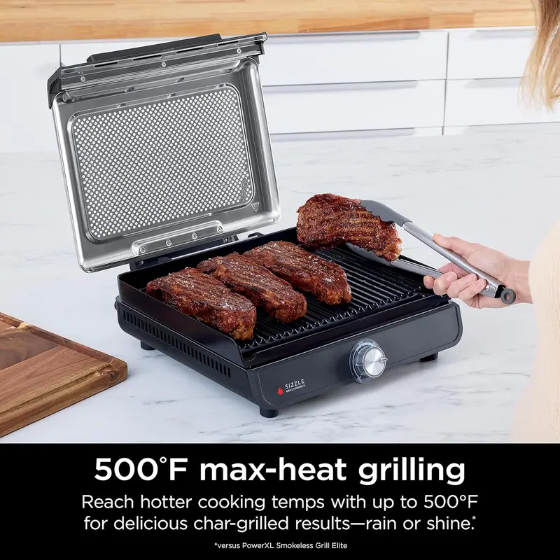 Grill elektryczny i grill wewnętrzny Ninja GR101 – 35,5 cm, powłoka nieprzywierająca, precyzyjne nagrzewanie do 260°C, można myć w zmywarce do hamburgerów, steków, naleśników i warzyw