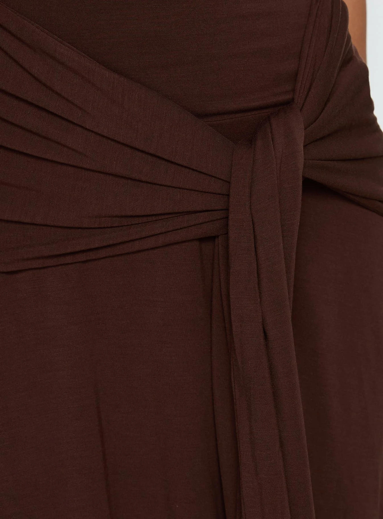 Moonlit Honey Asymmetrical Halter Jersey Midi Dress Chocolate
