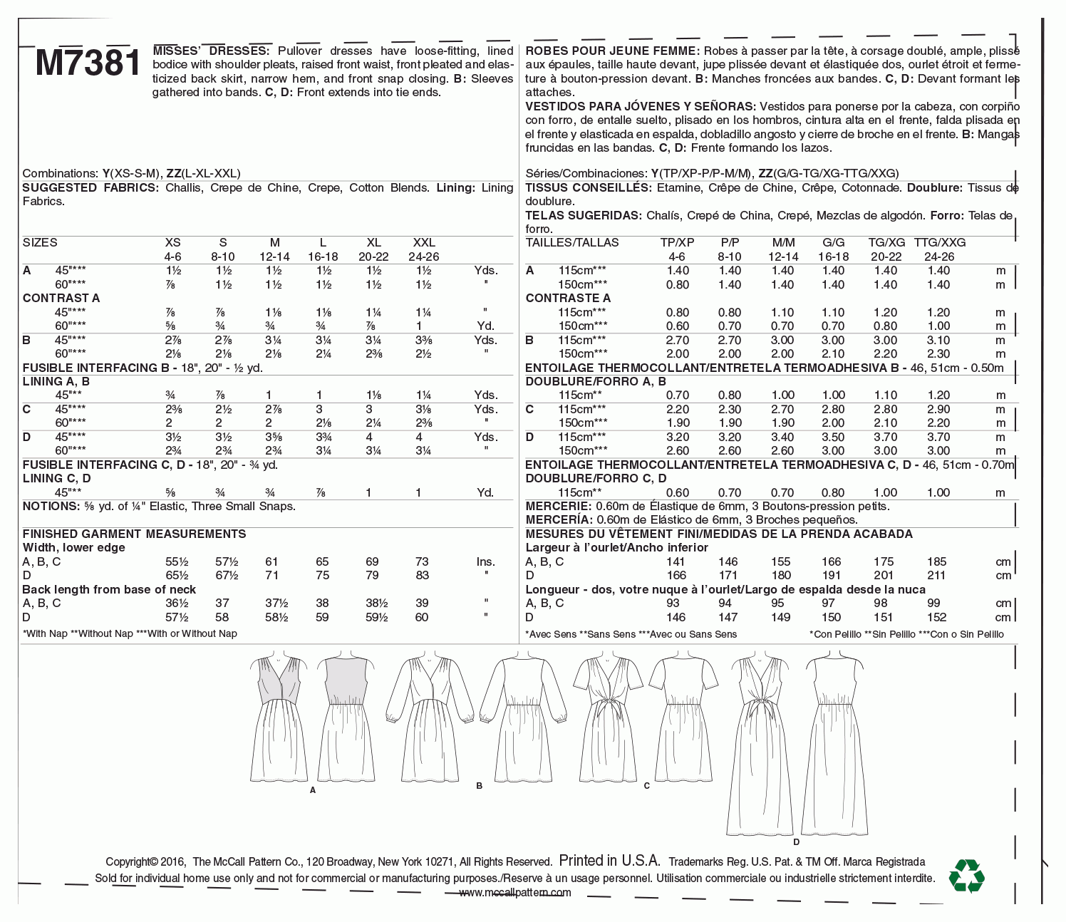 McCall's Pattern M7381 Misses' Pleated Dresses with Optional Front-Tie
