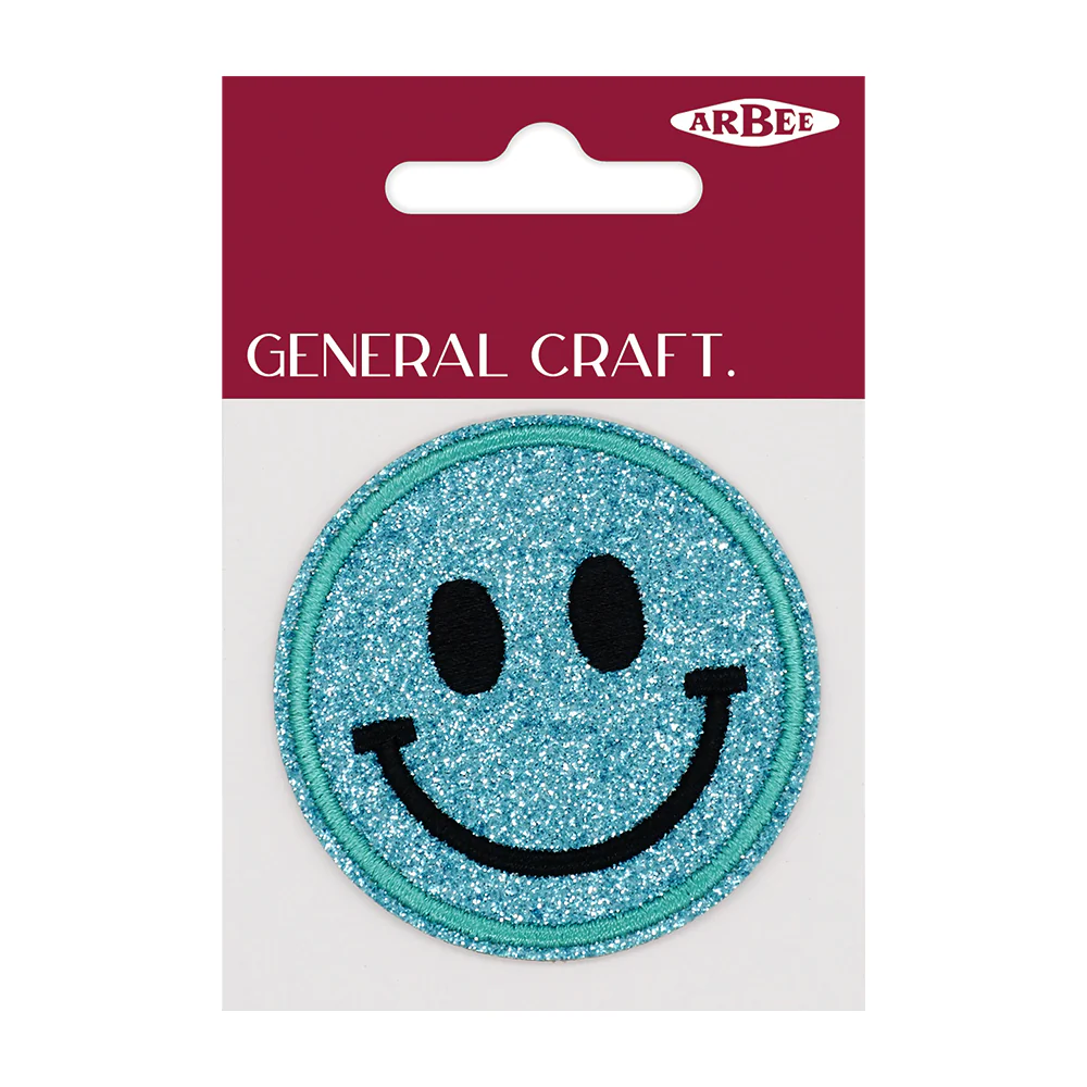 Arbee Crafty Patch, Smiley Face Glitter Aqua- 60mm 1pc