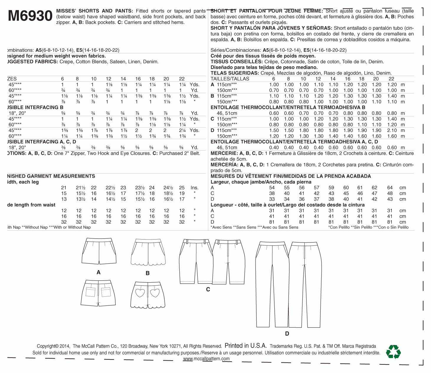 McCall's Pattern M6930 Misses' Shorts and Pants