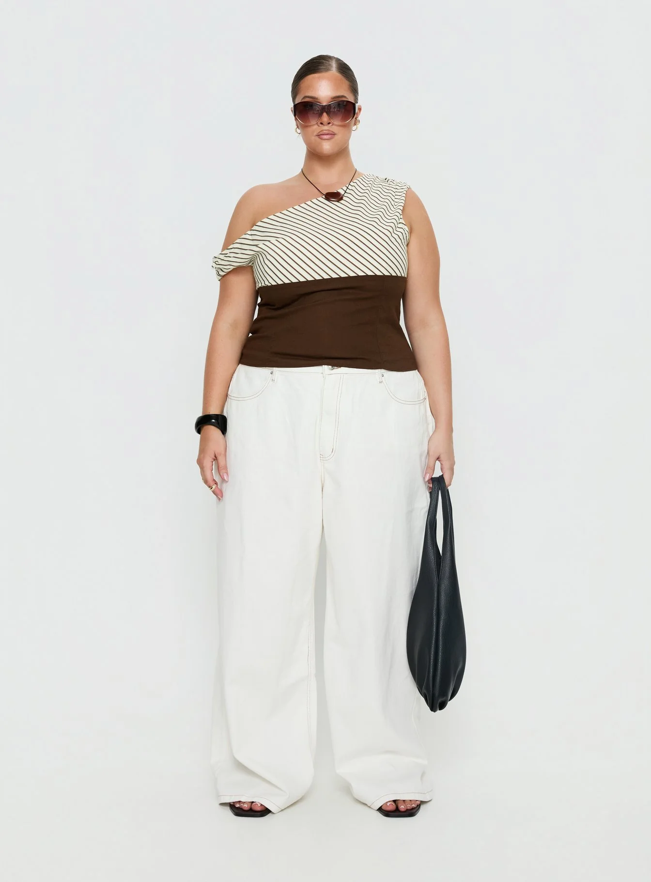 Past Life One Shoulder Top Brown / Stripe Curve