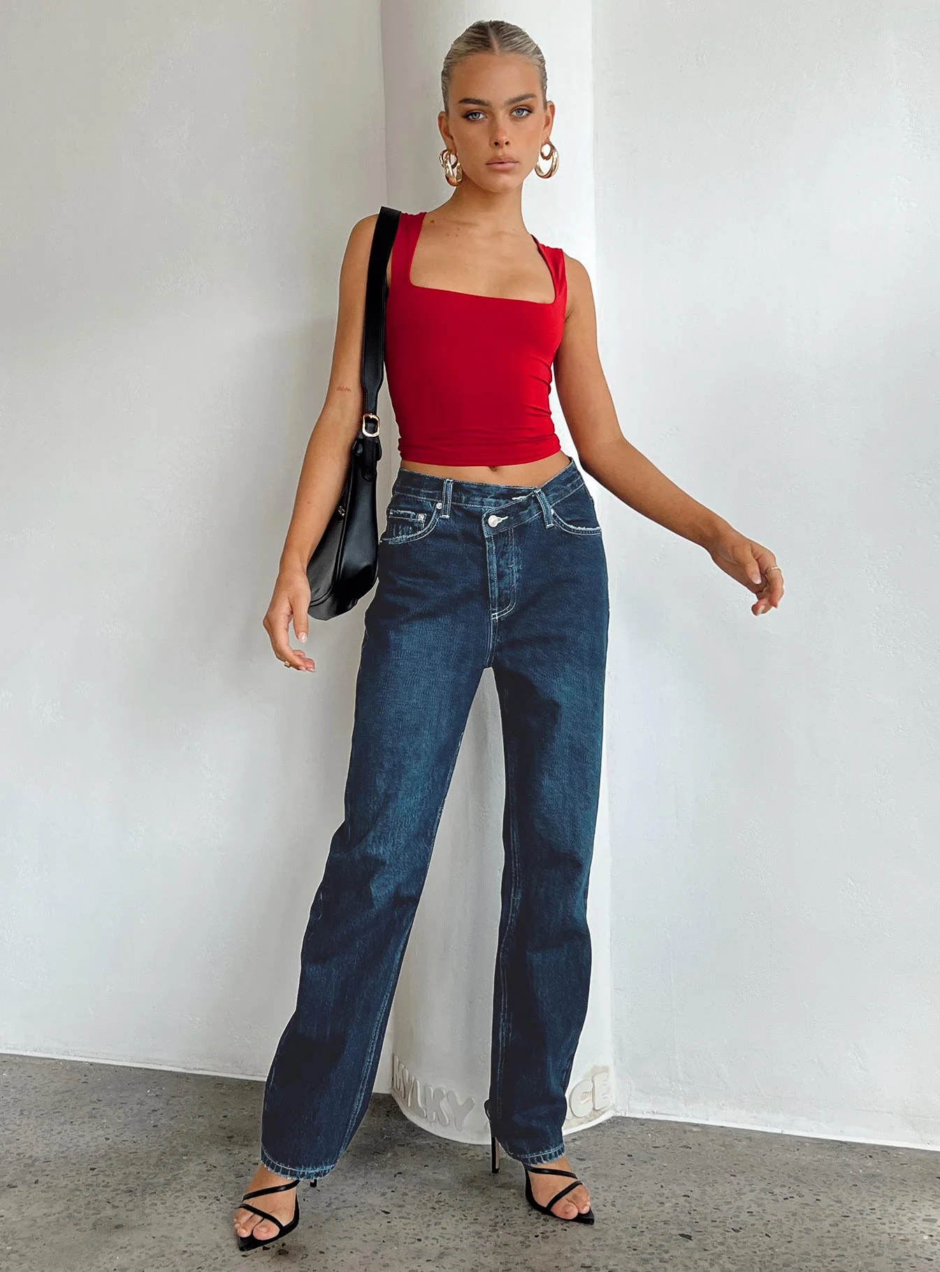 Holly Asymmetric Straight Leg Jean Dark Wash Denim