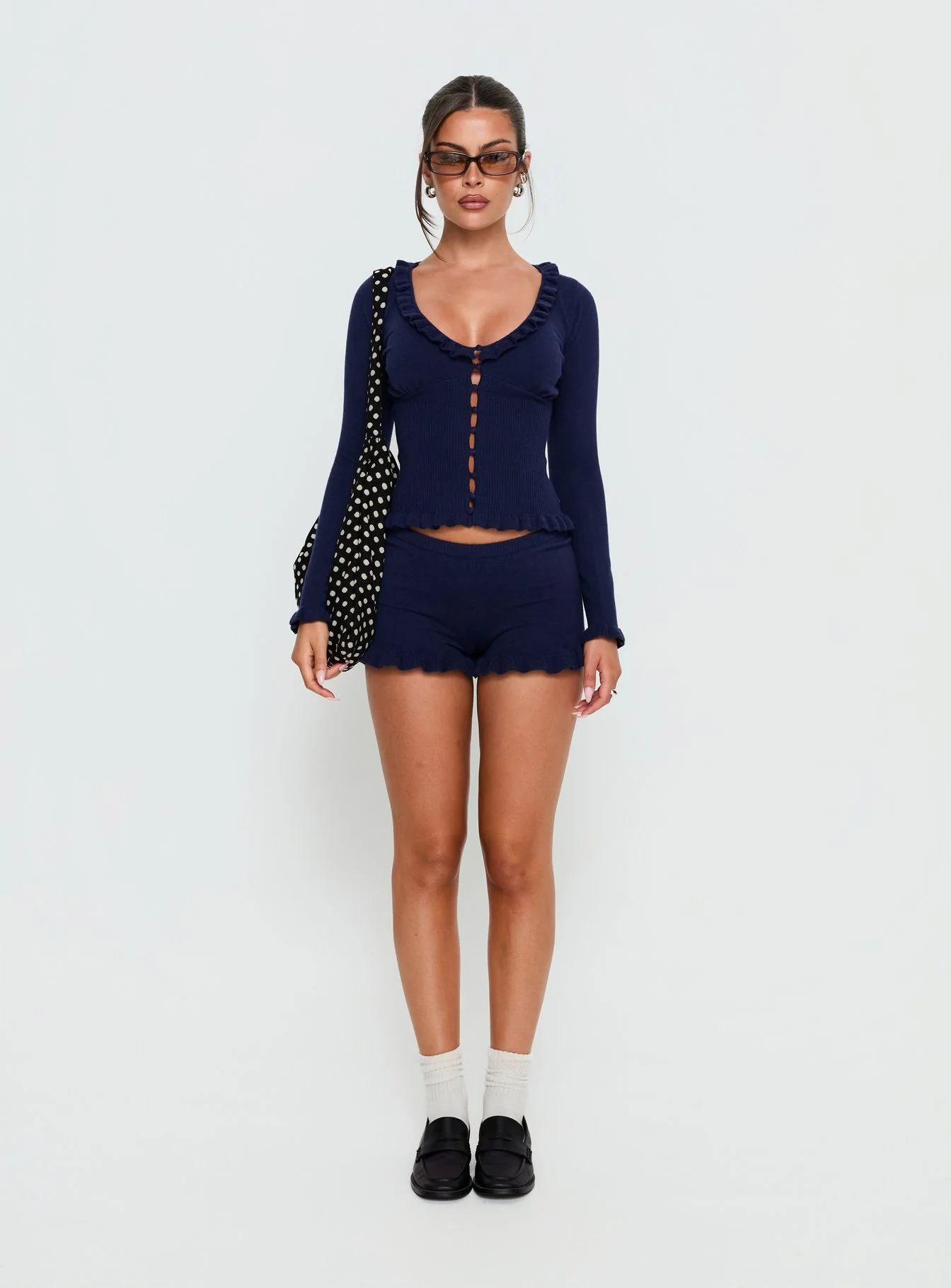 Ceria Frill Knit Long Sleeve Top Navy