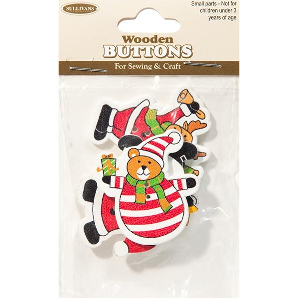Wooden Buttons, Mix Santa- 4pk
