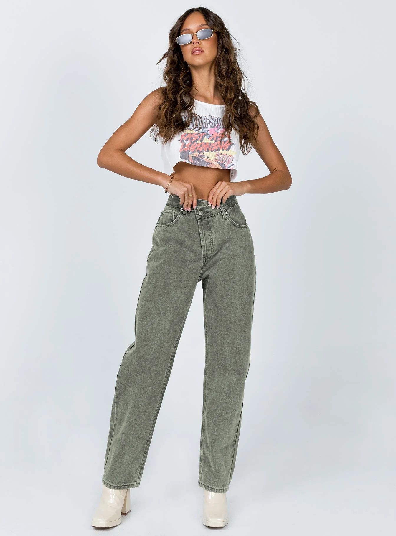 Holly Asymmetric Straight Leg Jean Green Denim