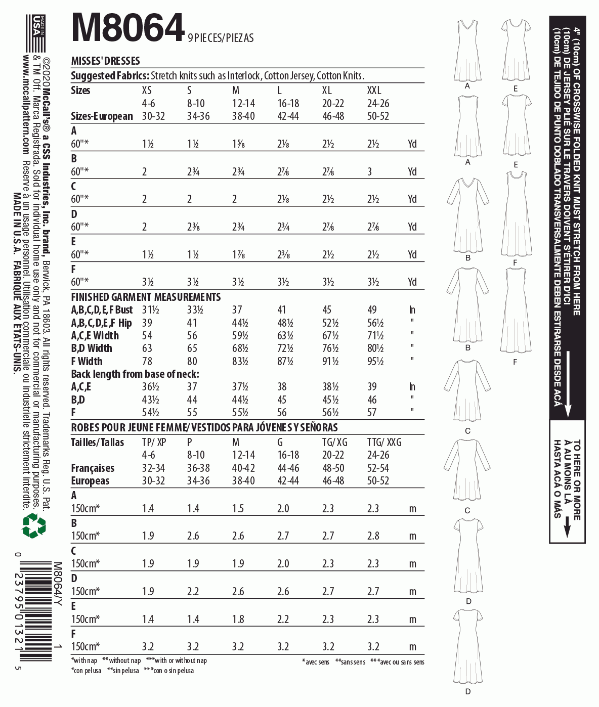 McCall's Pattern M8064 Misses' Knit Dresses with V, Crew or Scoop Necklines