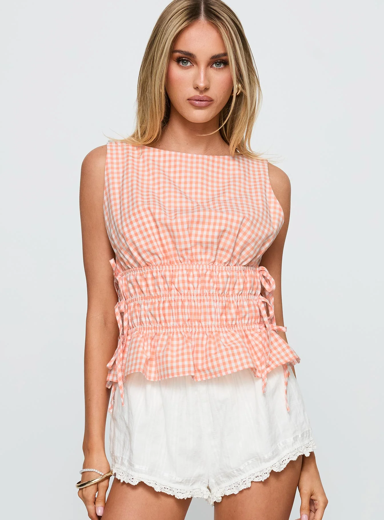 Antiqued Tie Side Top Orange Check