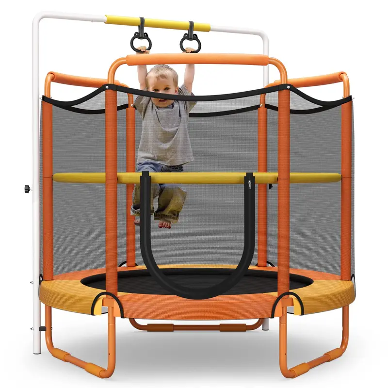 60-calowa trampolina dla dzieci ze wbudowaną siatką zabezpieczającą i wzmocnioną ramą.