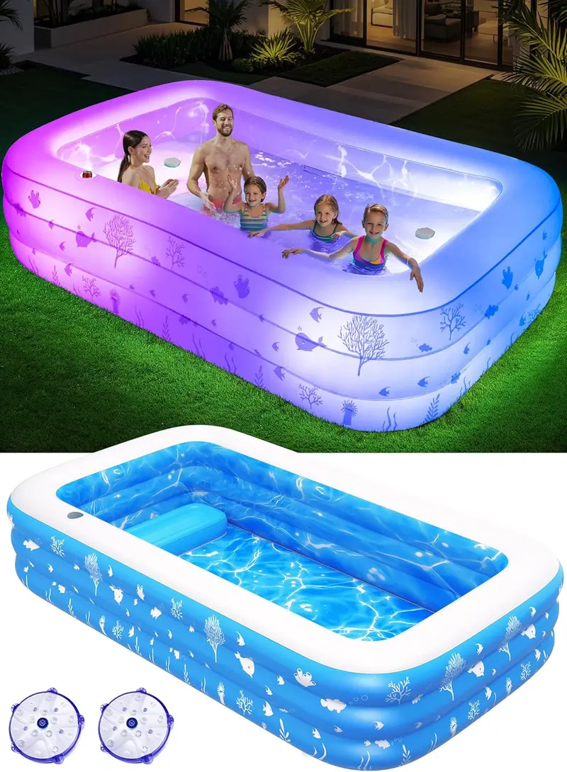Przestronny, dmuchany basen z wbudowanym siedziskiem i oświetleniem LED, wymiary 105 x 65 x 25 cm. Grube i wytrzymałe ściany, odpowiedni dla dorosłych i dzieci.