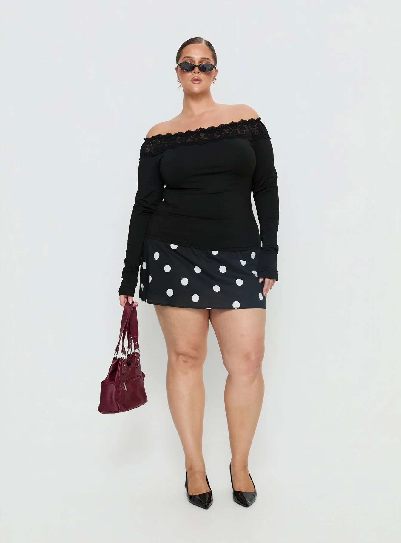 Breiann Lace Off Shoulder Long Sleeve Top Black Curve