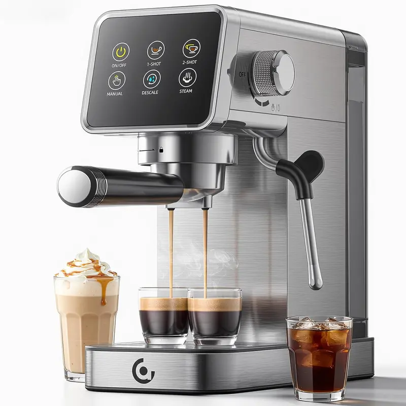 Ekspres do kawy z 20-barowym ekranem dotykowym LED, automatycznym czyszczeniem i wbudowanym spieniaczem do mleka do cappuccino i latte.