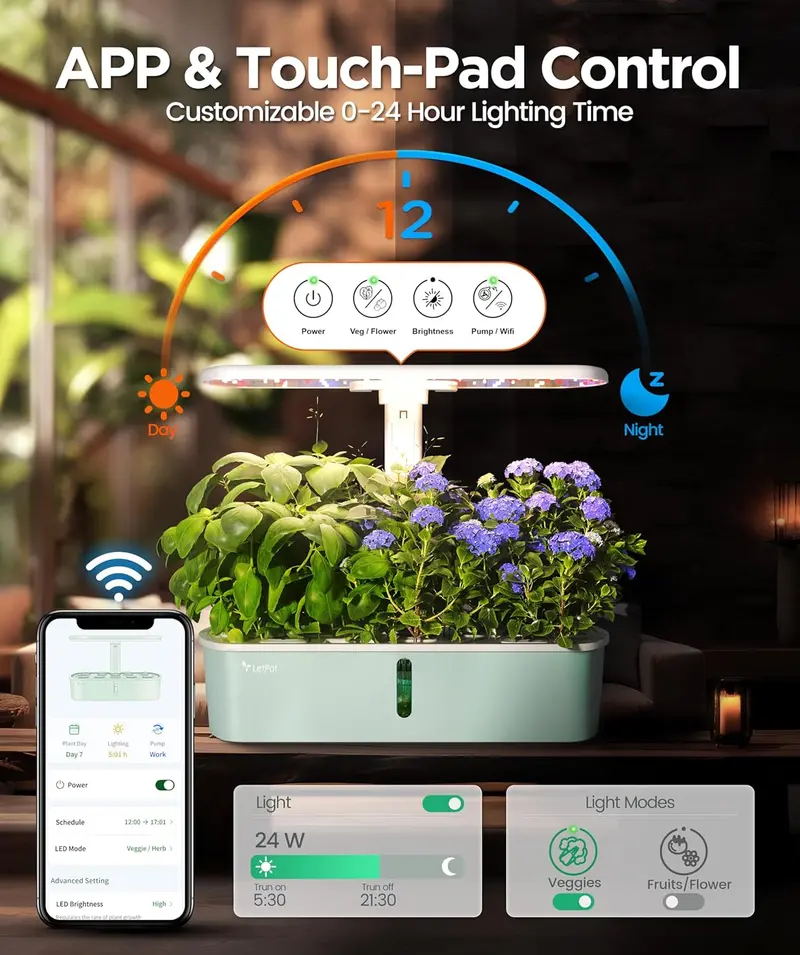 Zestaw do uprawy hydroponicznej Full Spectrum Smart – ogród wewnętrzny na 12 doniczek z lampą 24 W, Wi-Fi i obsługą aplikacji