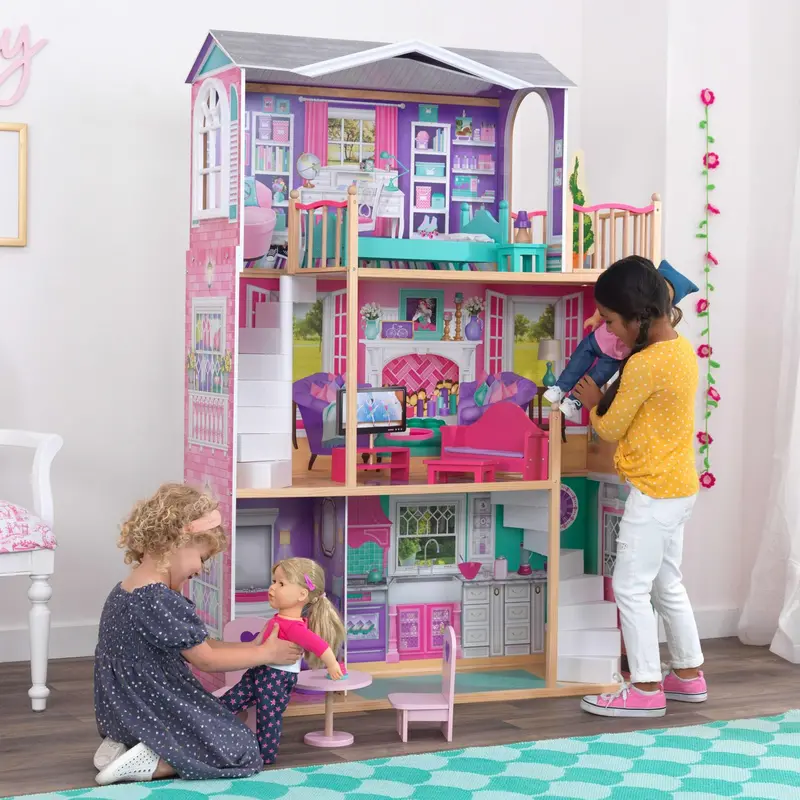 Drewniany domek dla lalek KidKraft Manor 45 cm, 3 piętra, 12-częściowy zestaw mebli, odpowiedni dla lalek o wzroście 45 cm i powyżej 1,5 m.