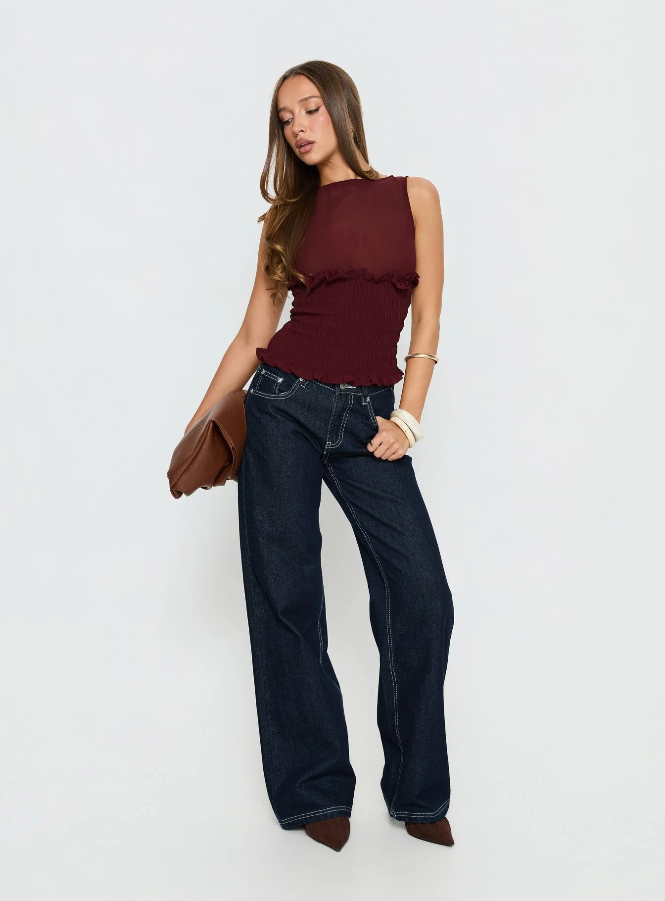 Fever Kiss Chiffon Ruched Top Wine