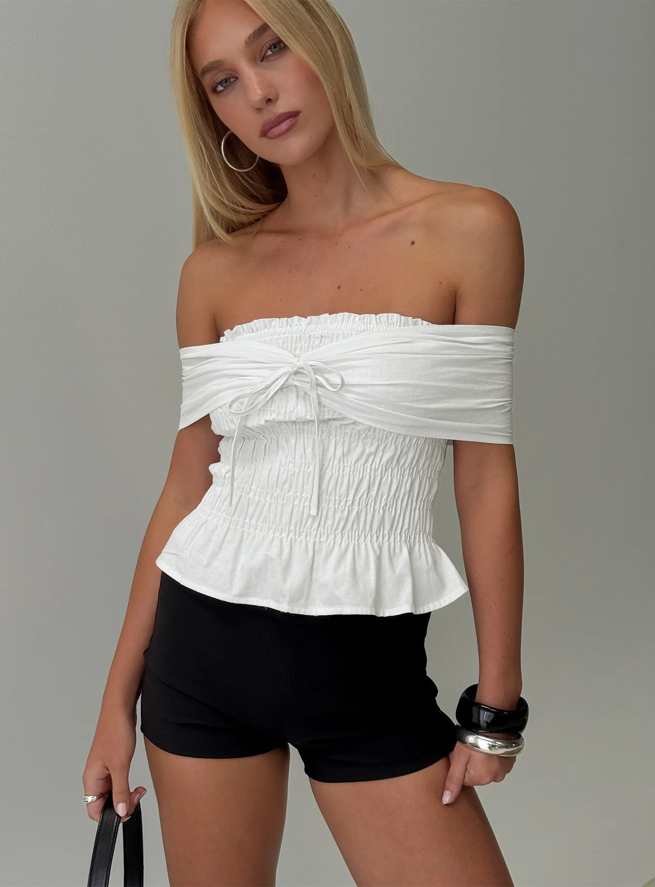 Avalynn Off Shoulder Shirred Top White