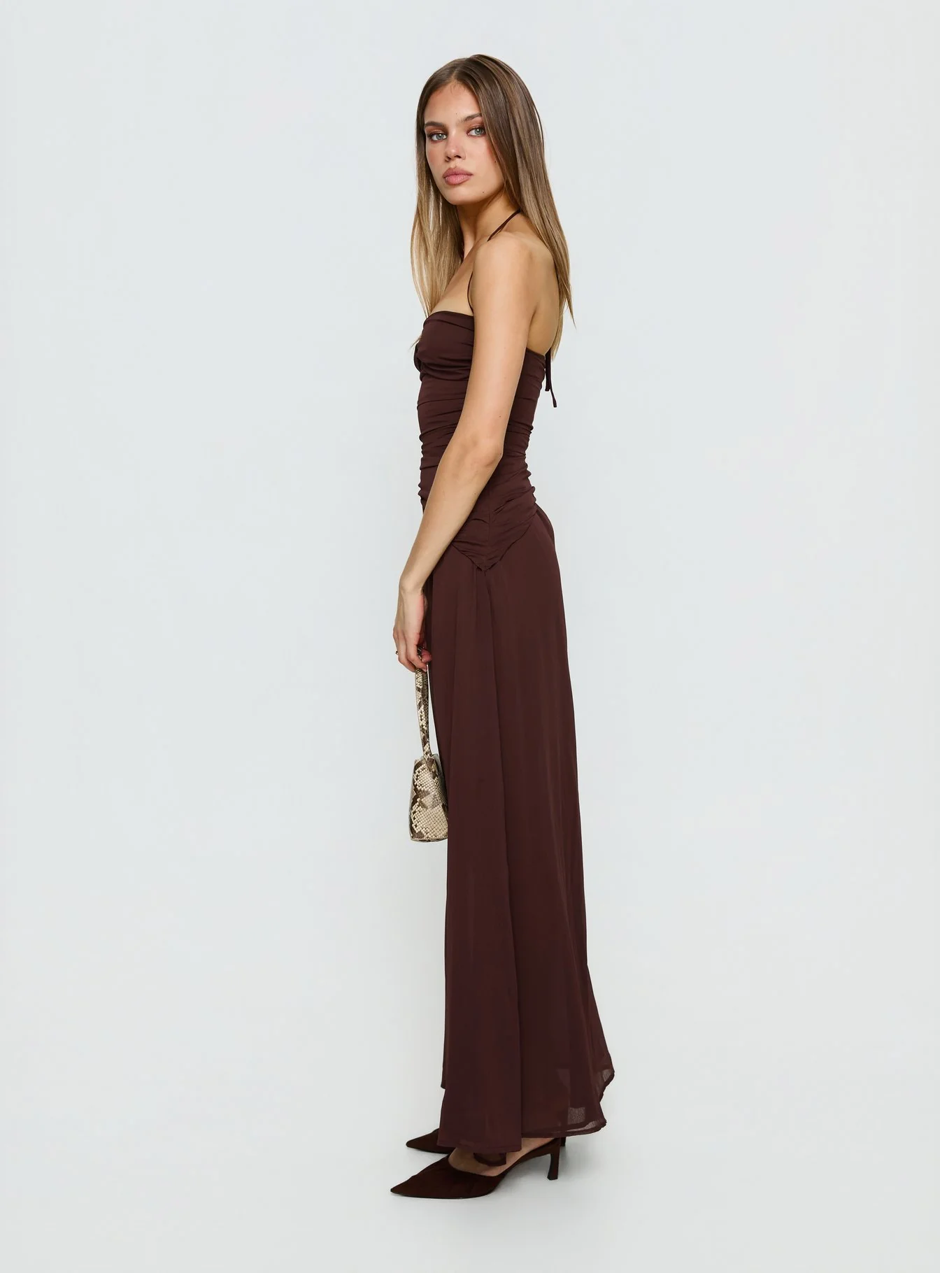 Kaemila Halter Chiffon Maxi Dress Brown