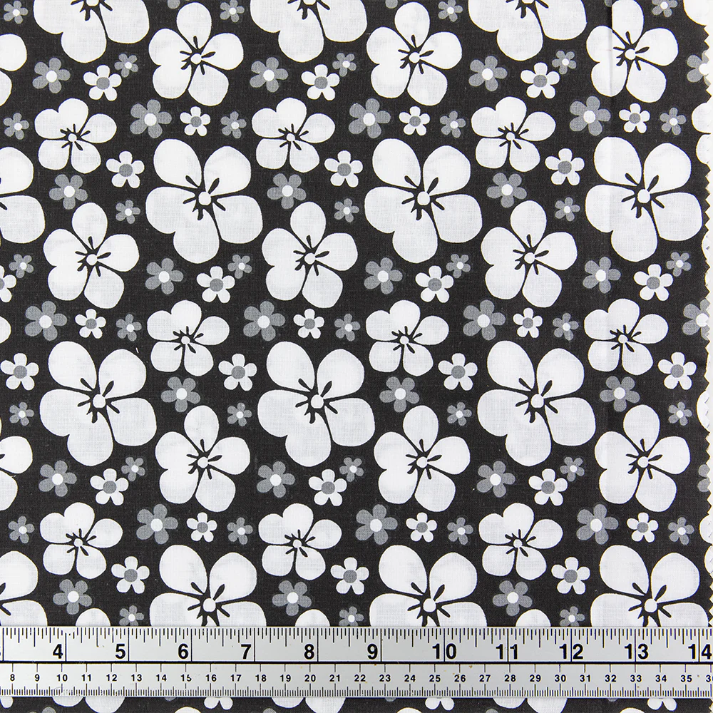 Print Craft & Quilting Fabric, White On Black Large Floral- Width 110cm