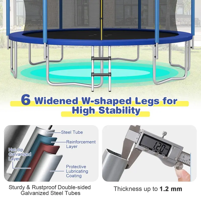 Trampolina z certyfikatem ASTM – modele o długości 3,6 m, 4,2 m lub 4,5 m z wbudowaną siatką zabezpieczającą i koszem do koszykówki.