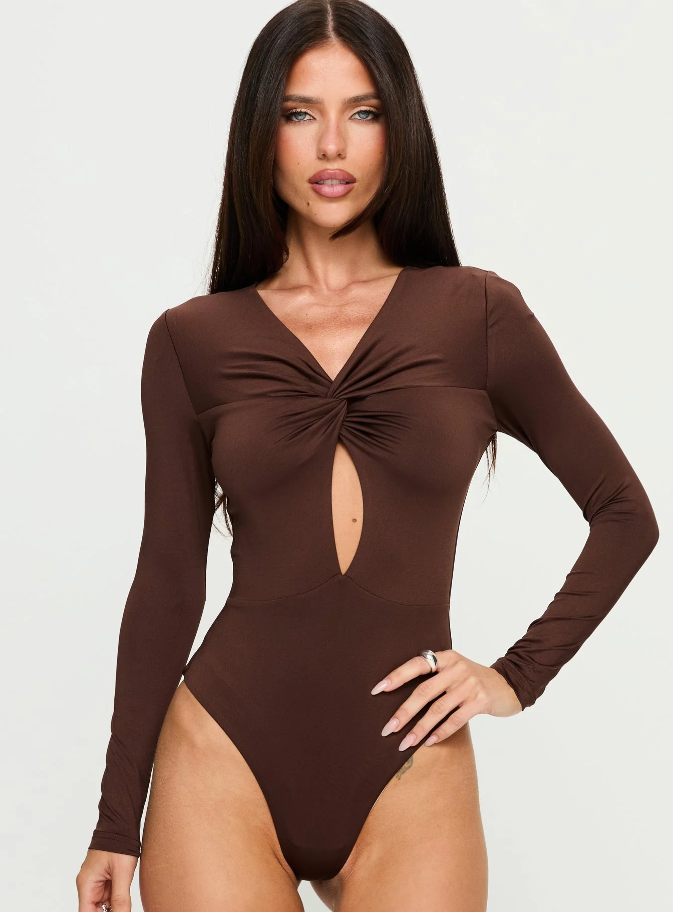 Vennie Twist Front Long Sleeve Bodysuit Brown