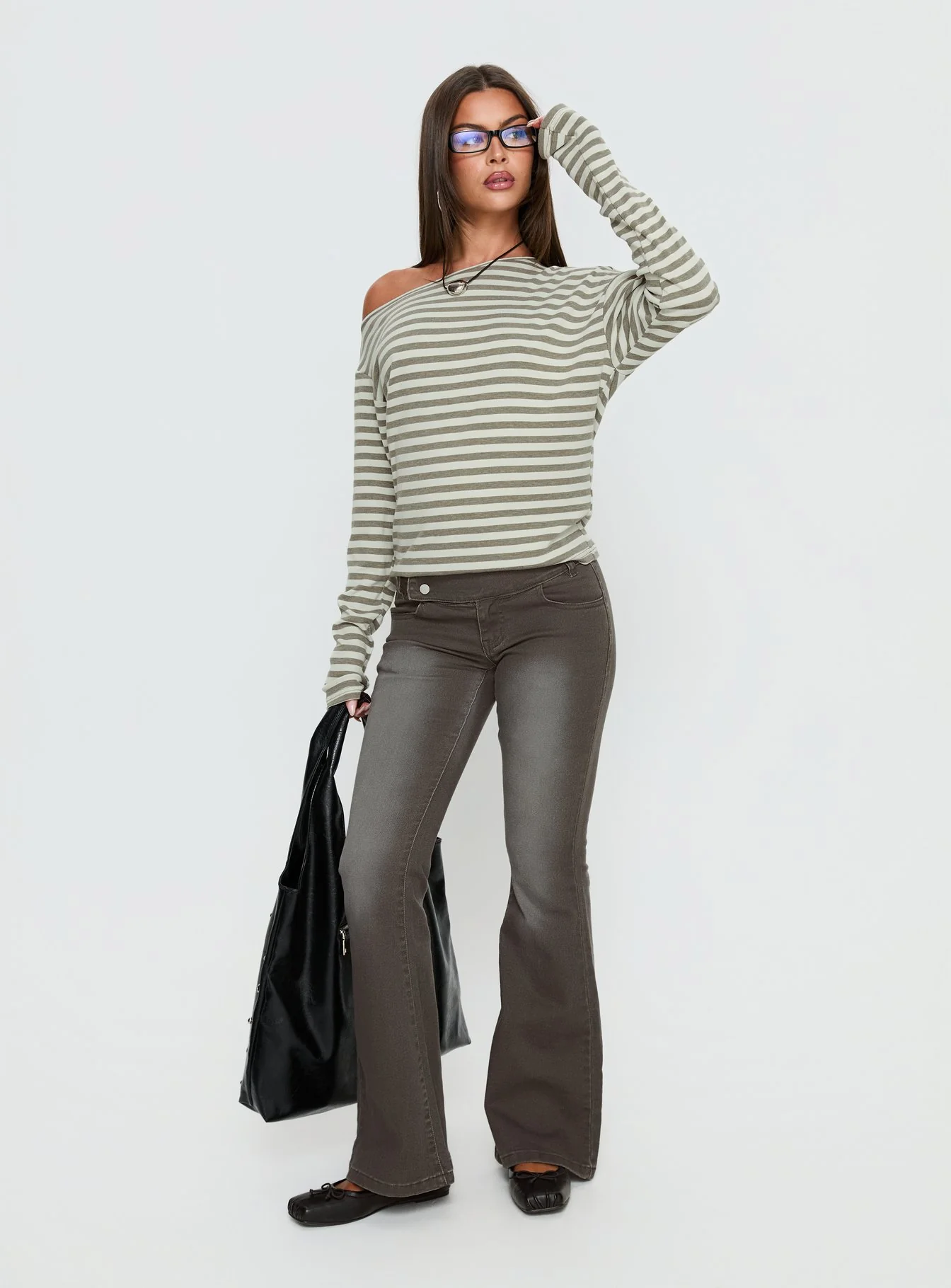 Lenorah Off Shoulder Long Sleeve Top Grey Stripe
