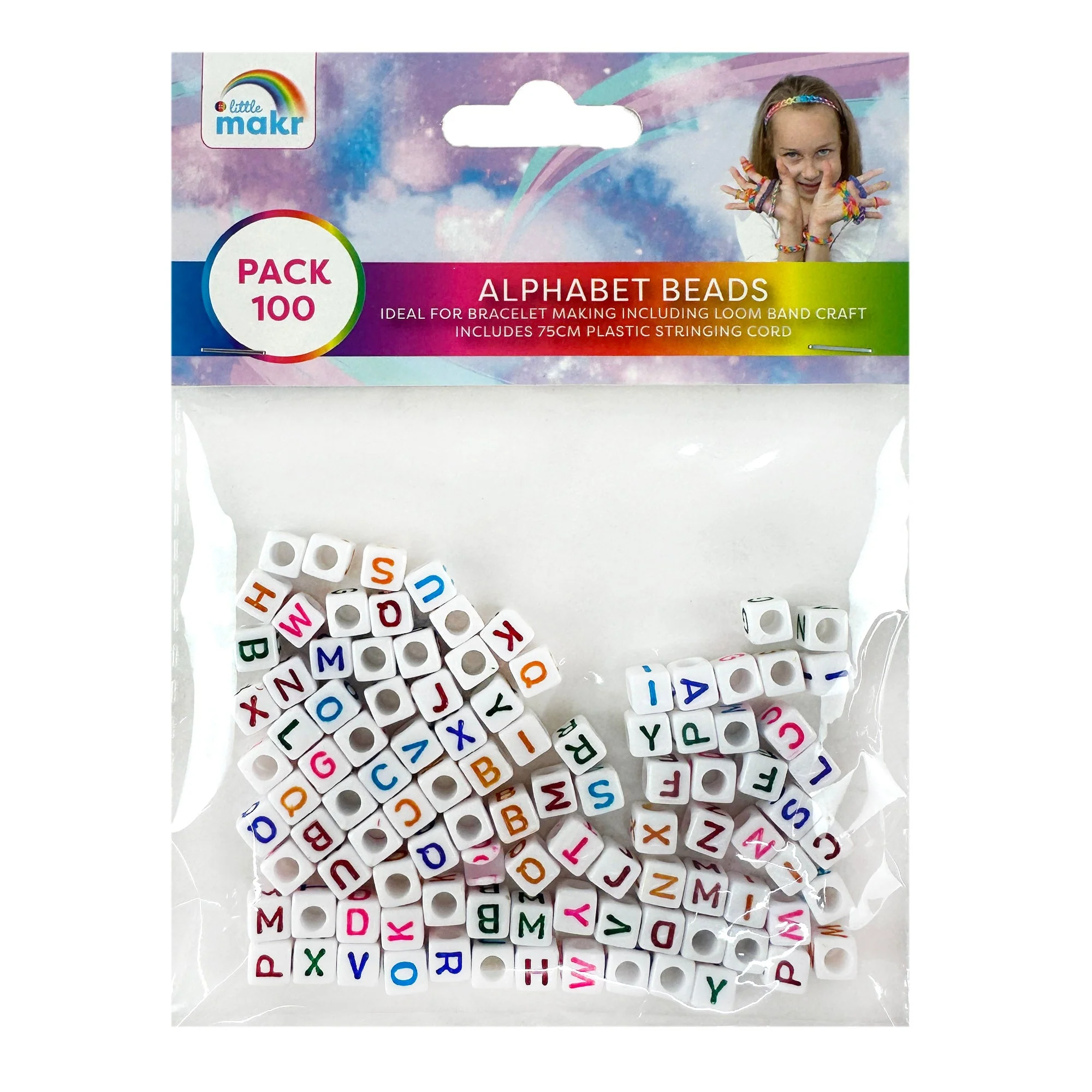 Little Makr Rainbow Alphabet Beads, White With Coloured Alphabets- 100pk