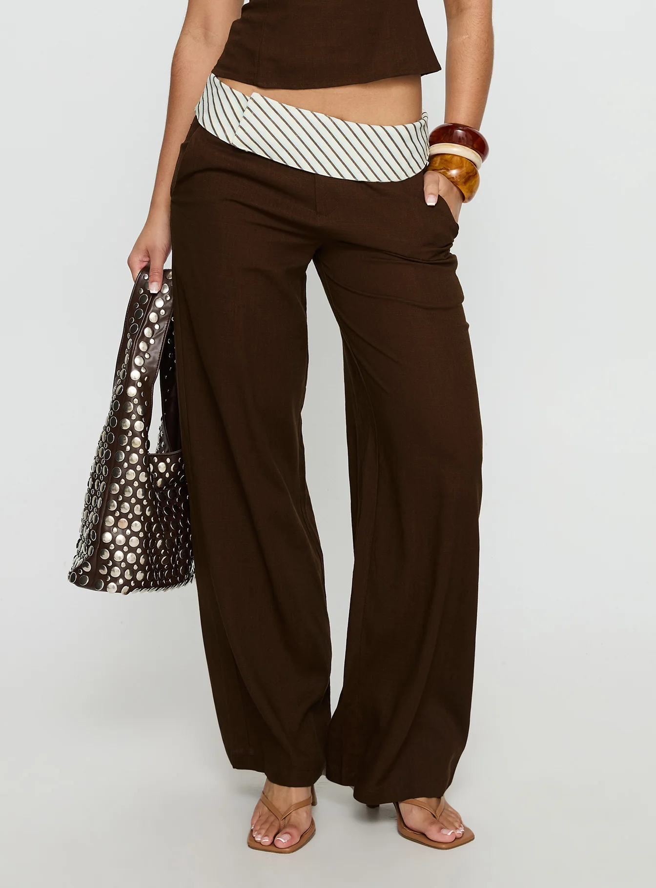Past Life Fold Over Waistband Pant Brown / Stripe